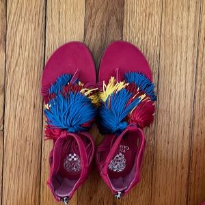 Magenta suede sandals with pom pom tassels. Size 13. Never worn